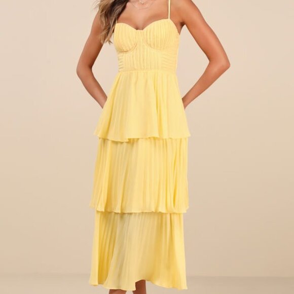 Lulus Cascading Crush Yellow Tiered Bustier Midi Dress - Size M - Picture 1 of 1